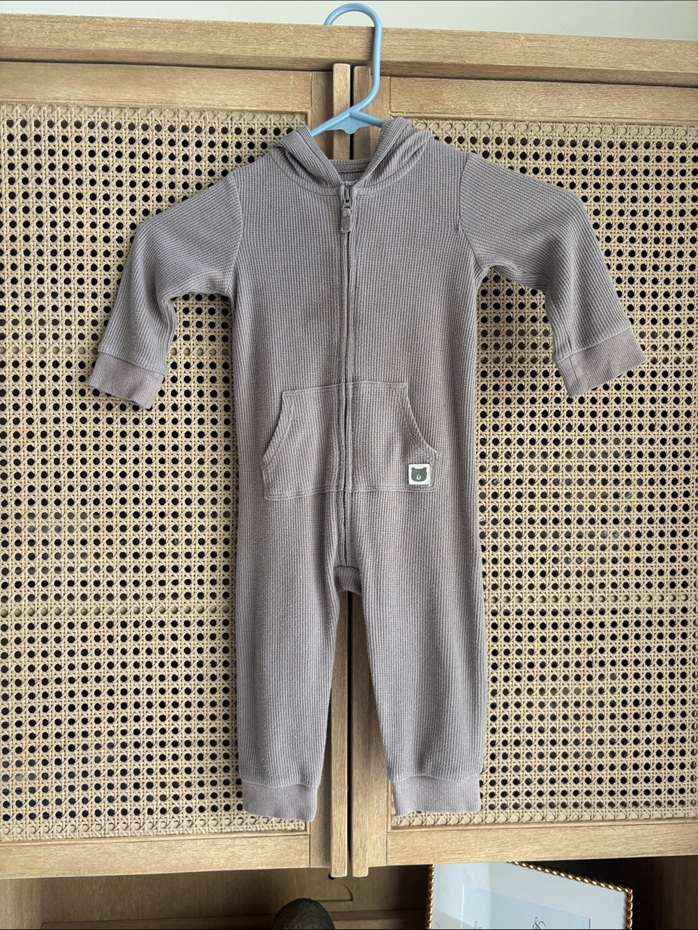Carter's Taupe Hooded Waffle-Knit One-Piece teddy bear onesie zip up body suit